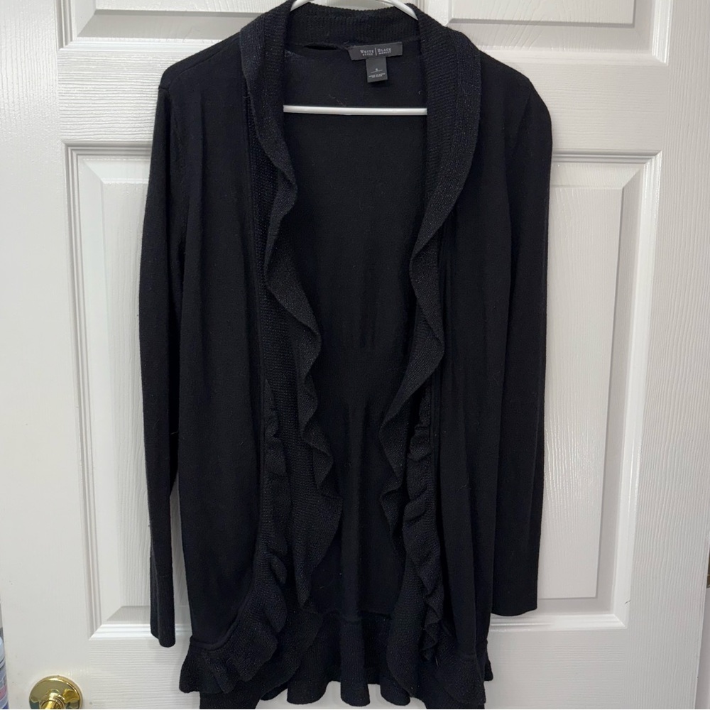 White House Black Market Black Ruffle Front Cardigan Women’s Size S